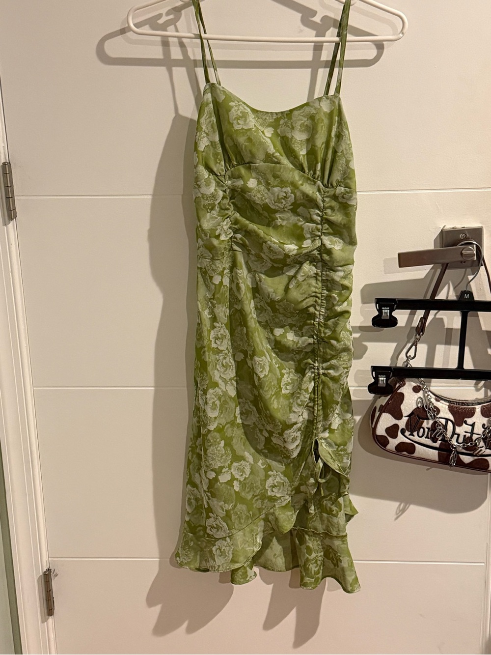 Cider Sage Green Floral Ruched Slip Midi Dress